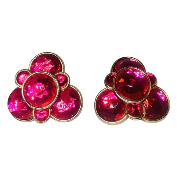 Hot Pink Large Statement Earrings 1.5" Rhinestone Clip On Pop Art Bold - Picture 11 of 14